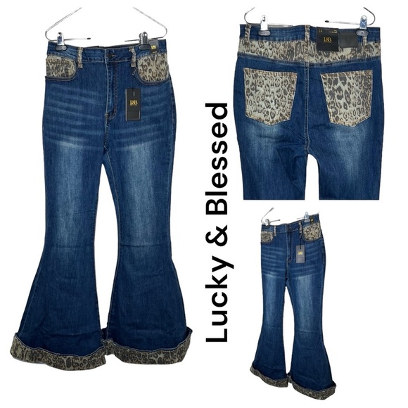 Lucky & Blessed Women’s Leopard Cuffed Denim Flare Jeans - Picture 1 of 13